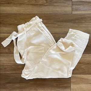 Linen Style High Waisted Paperbag Cream Straight Leg Pants